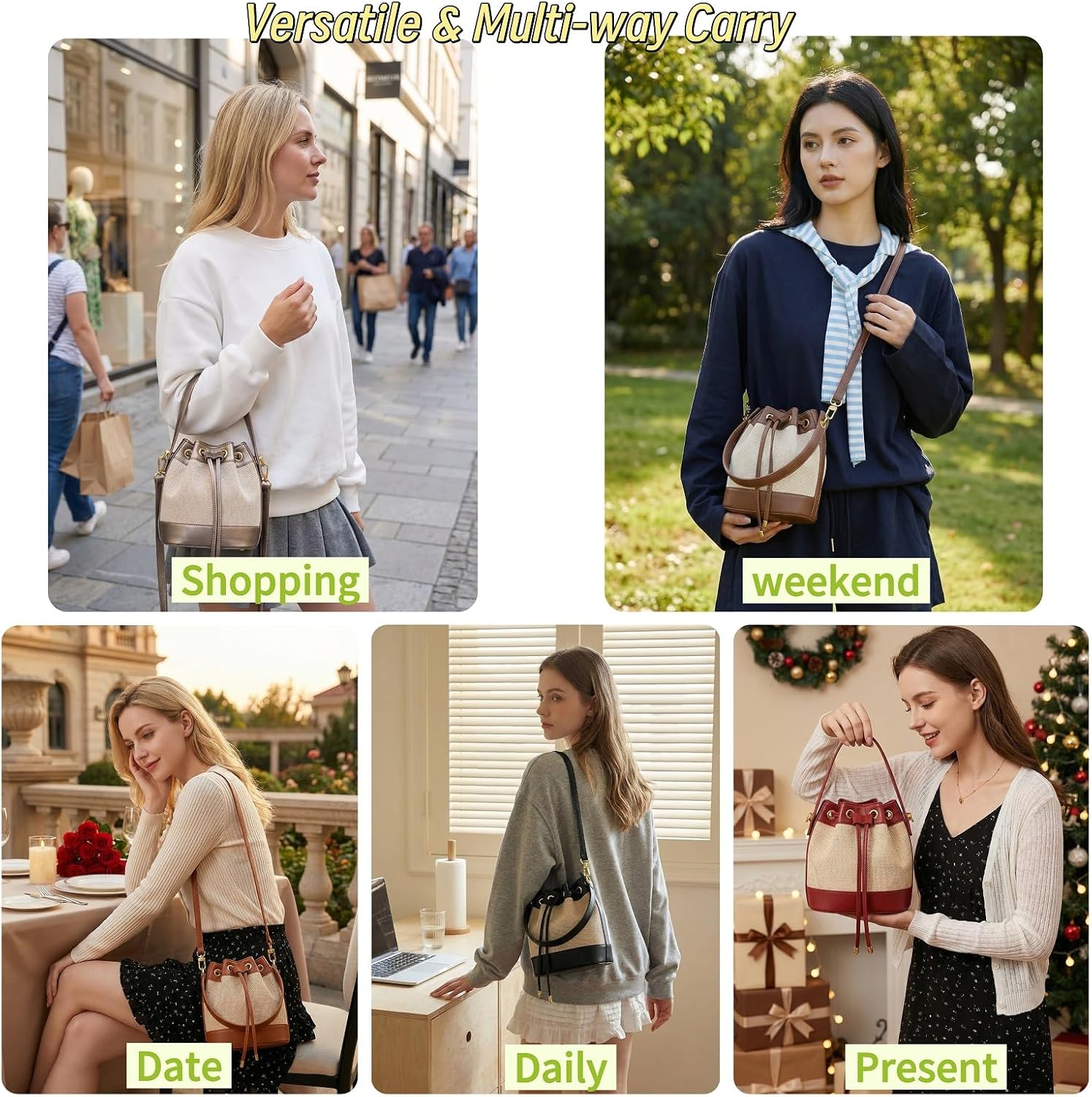 Small Purses for Women with Crossbody Strap,Bucket Bag with Leather Trim, Drawstring Closure