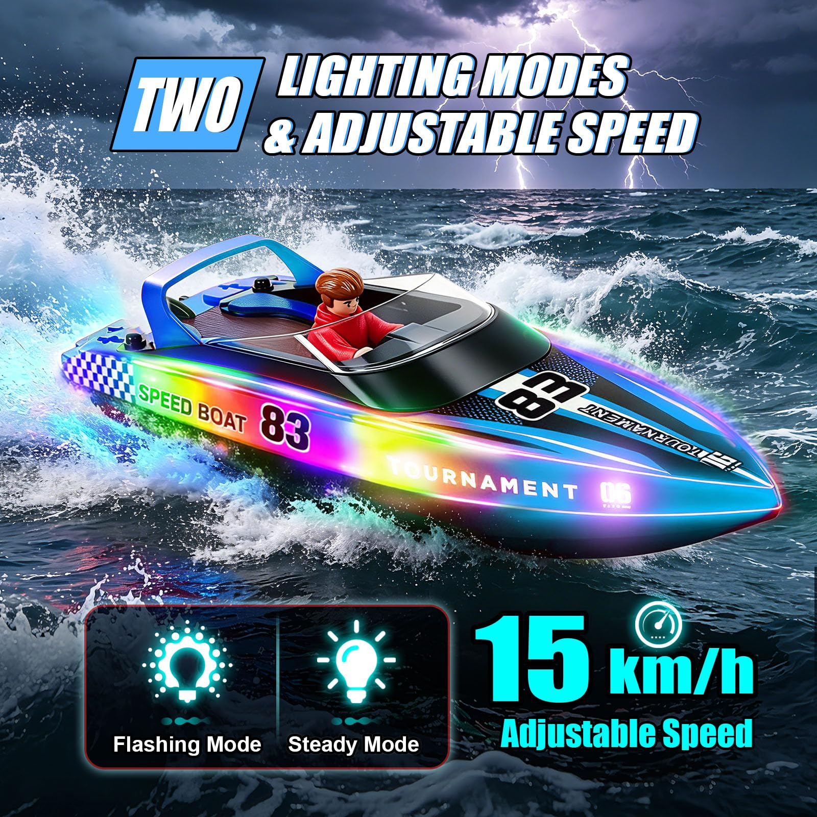 YOOHBERRYS Barca Telecomandata con Luce LED, 2,4 GHz Barca RC per Bambini Adulti, Motoscafo Elettrico 15+ KMH per Piscine e Laghi (Blu)