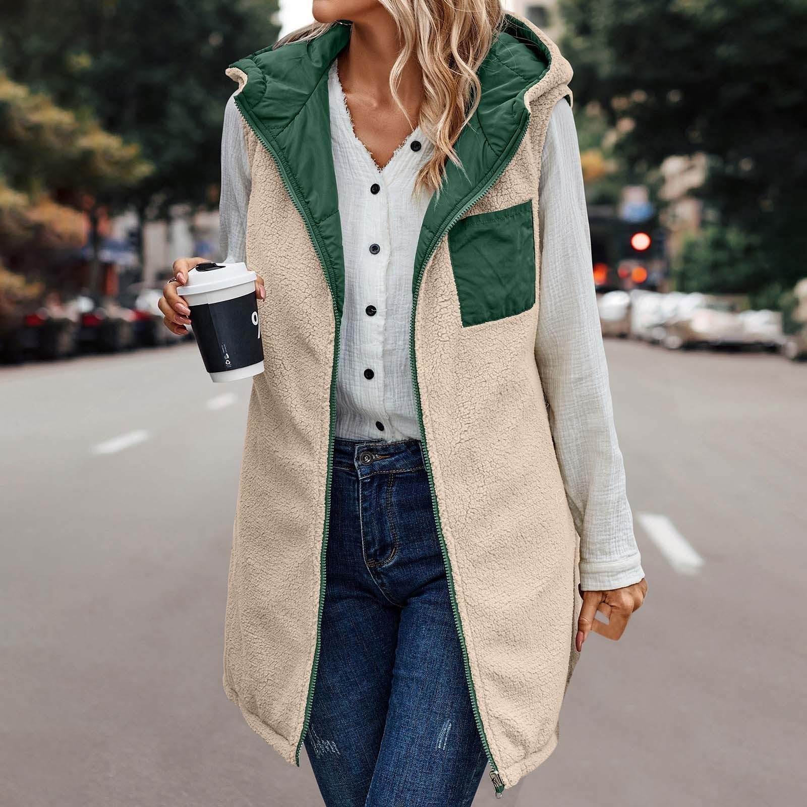 Gilet Réversible À Capuche Sans Manches Pour Veste Doublée En Polaire Avec Poches Fermeture Éclair Complète Vêtements D'extérieur Mode D'hiver Veste Réversible Sans Manches