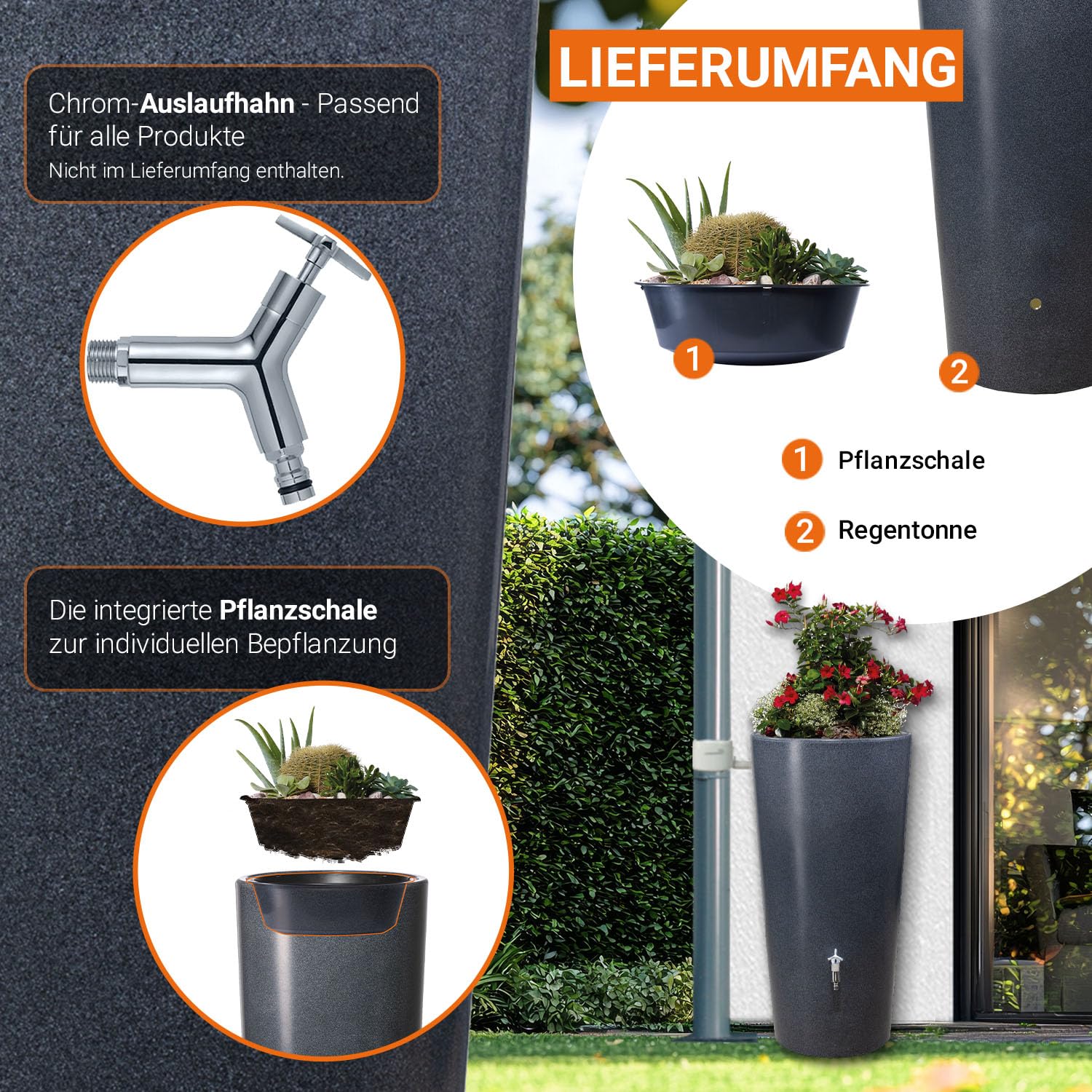 GARANTIA Stone 2in1 Regentonne 210 Liter Lava inkl. Pflanzschale | Wassertank, Regenfass, Regenwassertonne, Wasserbehälter, Fass, Regenwassertank, Wasserfass, Wassertonnen für Garten