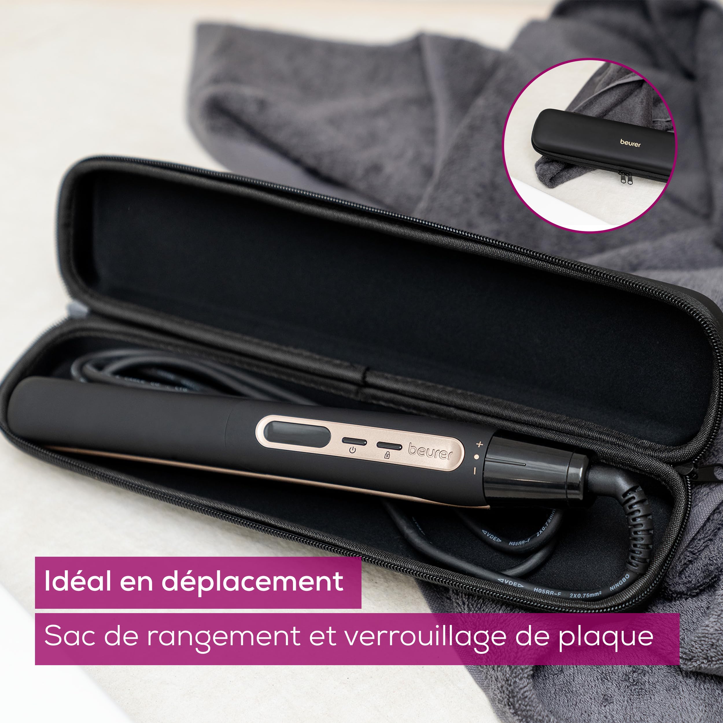 Beurer HS 100 Lisseur avec chauffage rapide en 12 secondes, fer à lisser avec revêtement céramique, fonction ionique pour des cheveux brillants, bords arrondis pour les styles de boucles