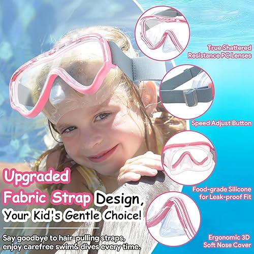 Miniatura 10 de Vvinca Kids-Goggles with Nose Cover, Diving Mask Elastic Fabric Strap Anti Fog Anti Shattered Lens for Kids Swim Goggles 3-14