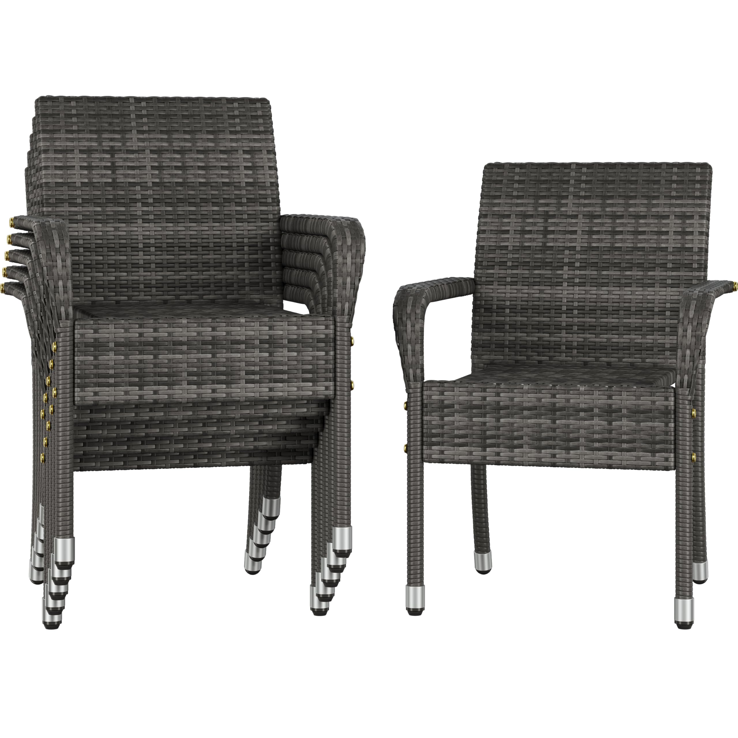 Abician Lot de 6 Chaises de Jardin en Rotin Synthétique Fauteuils Empilables d'Extérieur avec Accoudoirs Cadre en Métal Terrasse Véranda Balcon Salon Salle à Manger Gris
