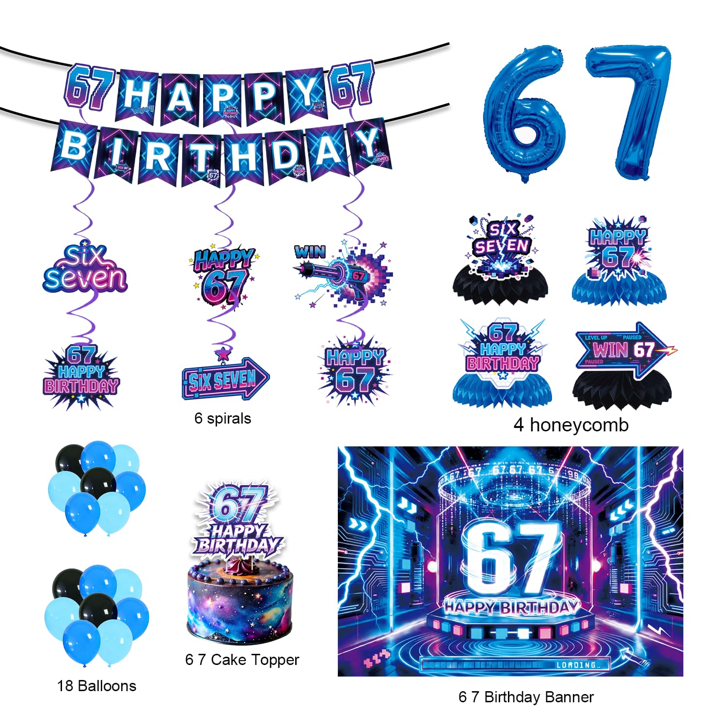 6 7 Birthday Decorations for Kids Six Seven Party Supplies i was 6 now i'm 7 Birthday Decorations Happy Birthday Banner, Balloons, Cake Topper & Table Decor for Boys Girls — view 2