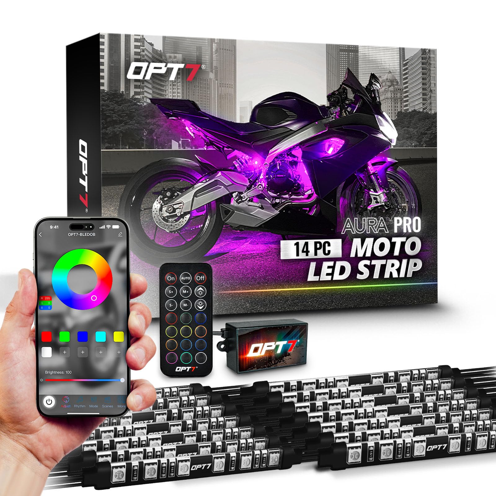 14pc OPT7 AURA PRO Motorcycle LED Light Kit Bluetooth Enabled Lighting Neon Glow w/Switch for Cruisers- iOS & Android Enabled