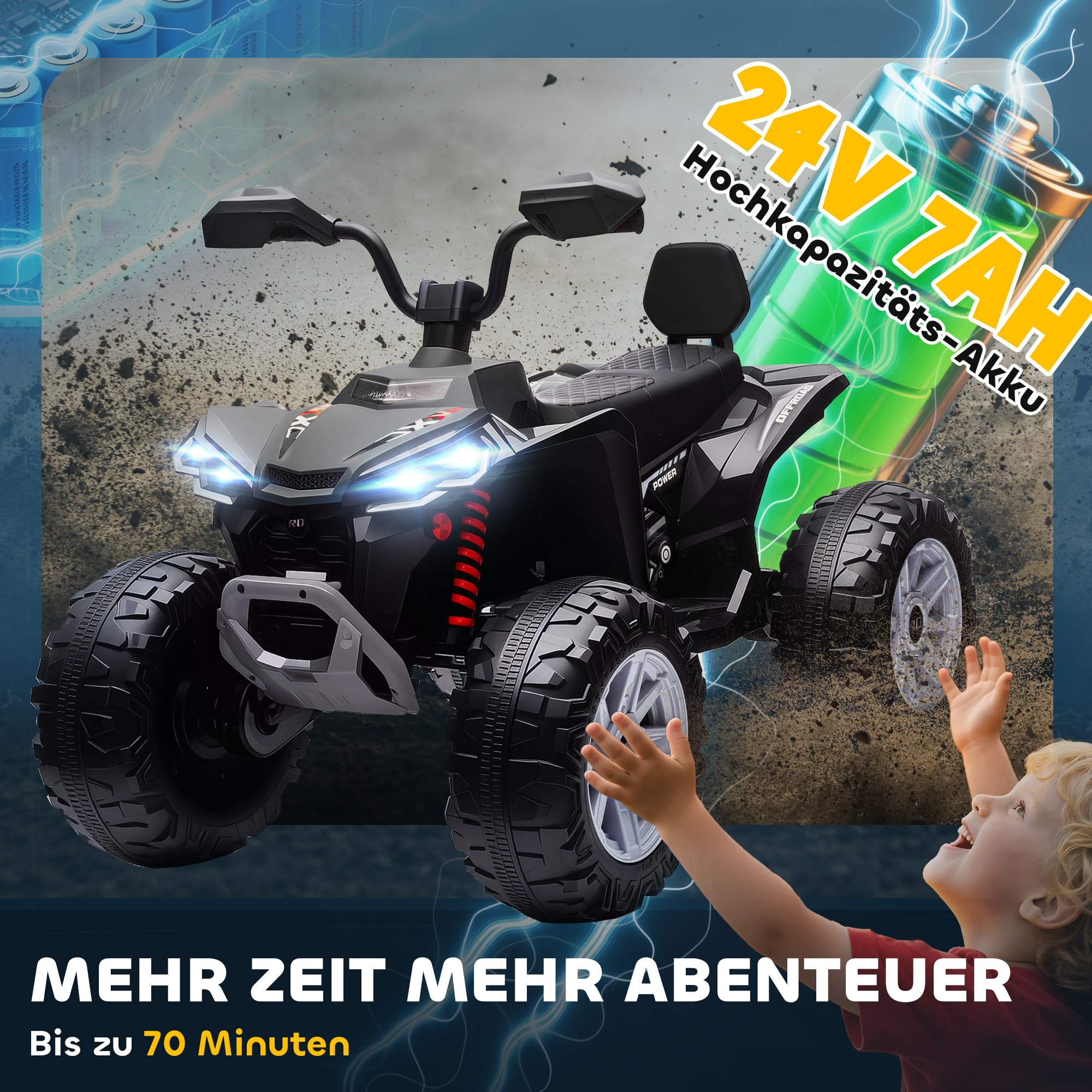 AIYAPLAY 24V Elektro Quad für Kinder Vorwärts-, Rückwärtsfunktion Schwarz | Kinderquad, 4 Gefederte Räder, Scheinwerfer, USB- & MP3-Anschluss, 2 Sitzer Kinderfahrzeug, 4-6,5 km/h, Für 3-8 Jahre