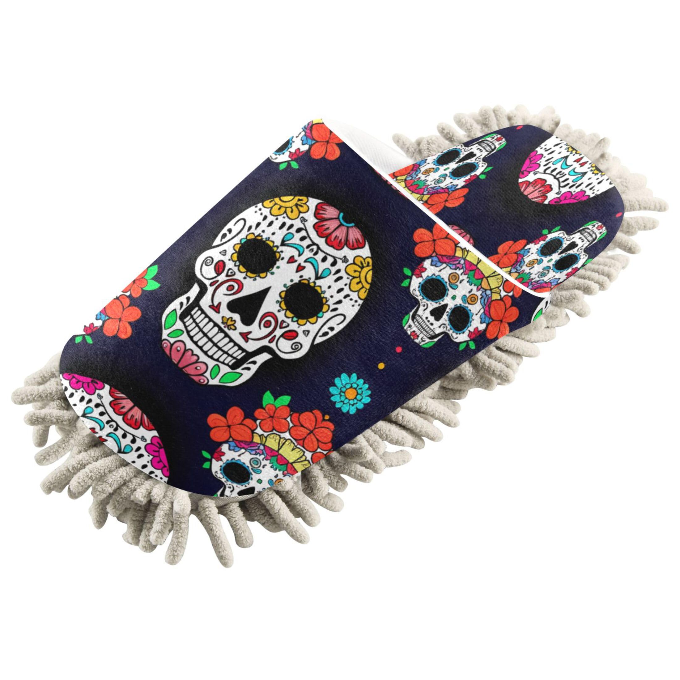 Kigai Colorful Skulls Mop Slippers for Floor Cleaning, Slippers for Women Men, Microfiber Floor Cleaning, M