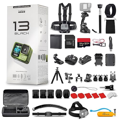 GoPro HERO13 (Hero 13) in Forest Green - Waterproof Action Camera with 5.3K HDR Video, 27MP Photos, 1/1.9" Image Sensor, Live Streaming, Webcam + 64GB Card & 50 Piece Accessory Kit - Bundle - H13 in Forest Green