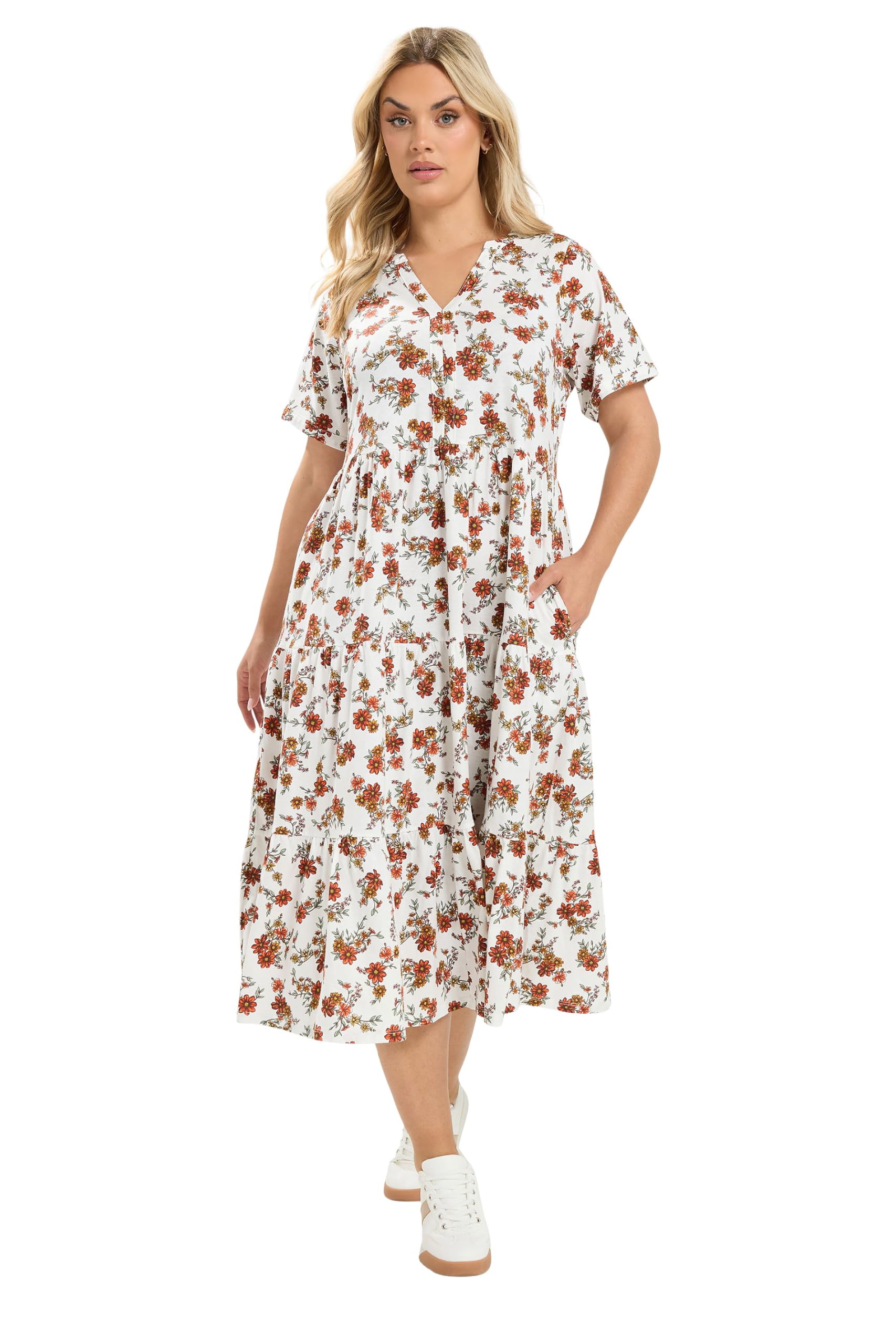 Yours Women's Ivory Floral Tiered Dress In | Size: 26/28