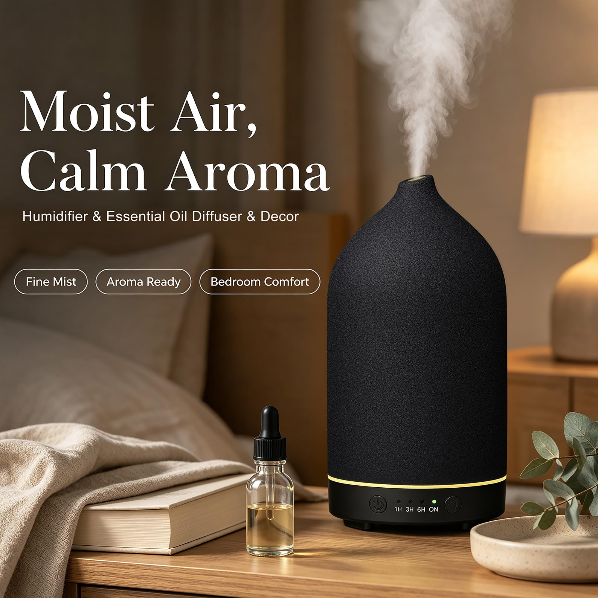 Gooamp Diffuseur en céramique de 200 ml, diffuseur d'aromathérapie, diffuseur d'huiles essentielles avec 7 lumières de couleur, arrêt automatique pour la maison, le bureau, la chambre, noir