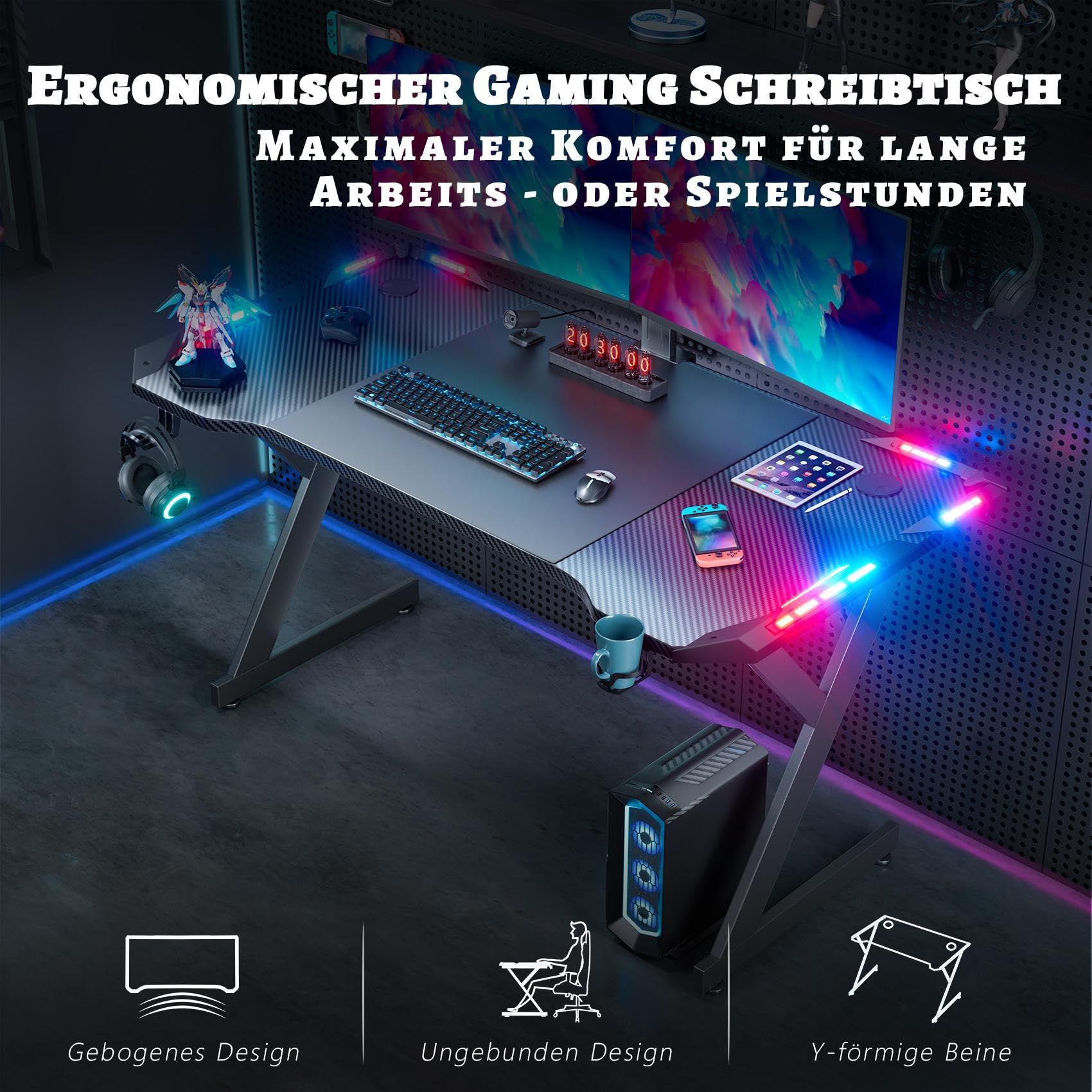 HLONONE LED Gaming Schreibtisch 120 x 60 cm, Gaming Tisch mit LED, Stabiler PC Tisch mit Kohlefaserbeschichtung, Gamer Tisch mit Getränkehalter und Kopfhörerhaken, Schwarz