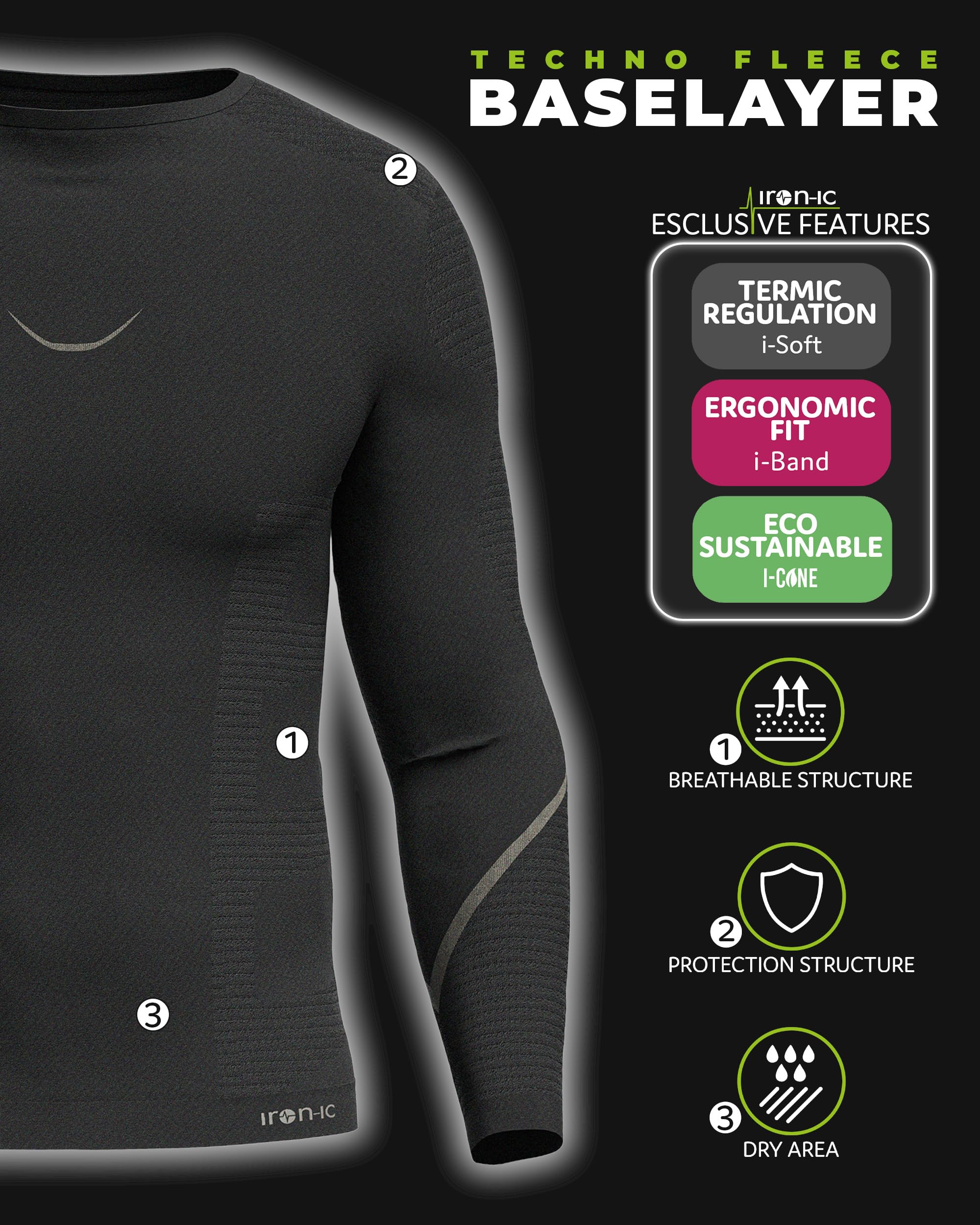 Iron-Ic - T-Shirt Uomo Maniche Lunghe I-Soft Seamless con Tessuto Smear Techno Fleece - Fitting Slim per Sport Outdoor Invernali - Art. 201999