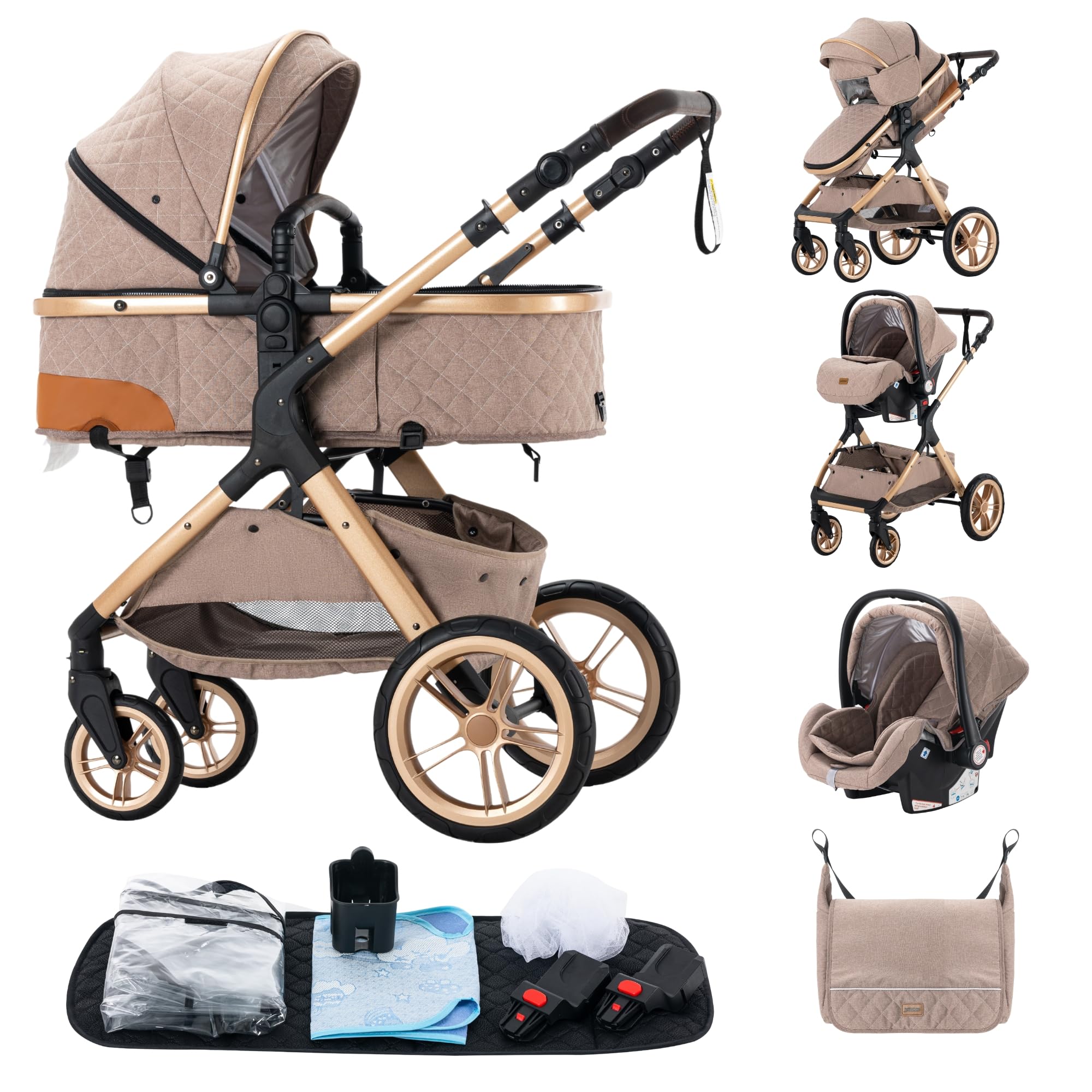 ALYIKOU Prams 3 in 1 Travel System, Pushchair with Height Adjustable Handle, Travel Pram with Mosquito Net, Baby Stroller with Aluminum Frame for Newborn 0-4 Years — image 1