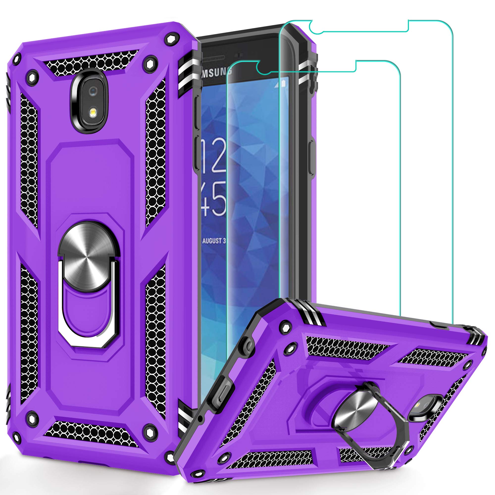 Galaxy J7 2018/J7 Aero/J7 Top/J7 Crown/J7 Aura/J7 Refine/J7 Eon Case with Tempered Glass Screen Protector [2Pack], Jshru Military Grade Ring Car Mount Kickstand Phone Case for Samsung J7 2018 Purple