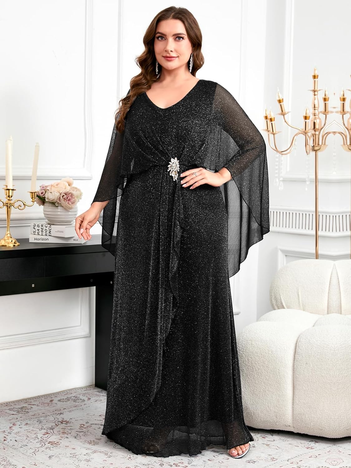Women's Plus Size Glitter Evening Dress Long Cape V-Neck Formal Gowns Mother of The Bride Wedding Guest Dresses - Image 2