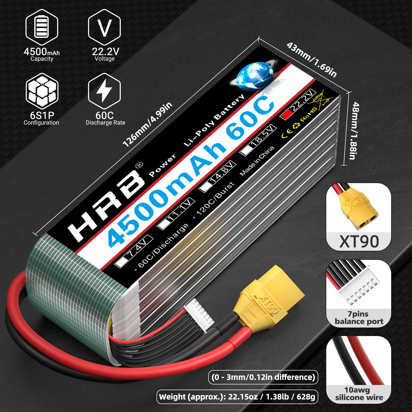HRB 22,2 V 4500 mAh 60C z wtyczką XT90 Lipo akumulator do samolotu RC samochód ciężarowy, ciężarówka hobbistyczna (2 sztuki)