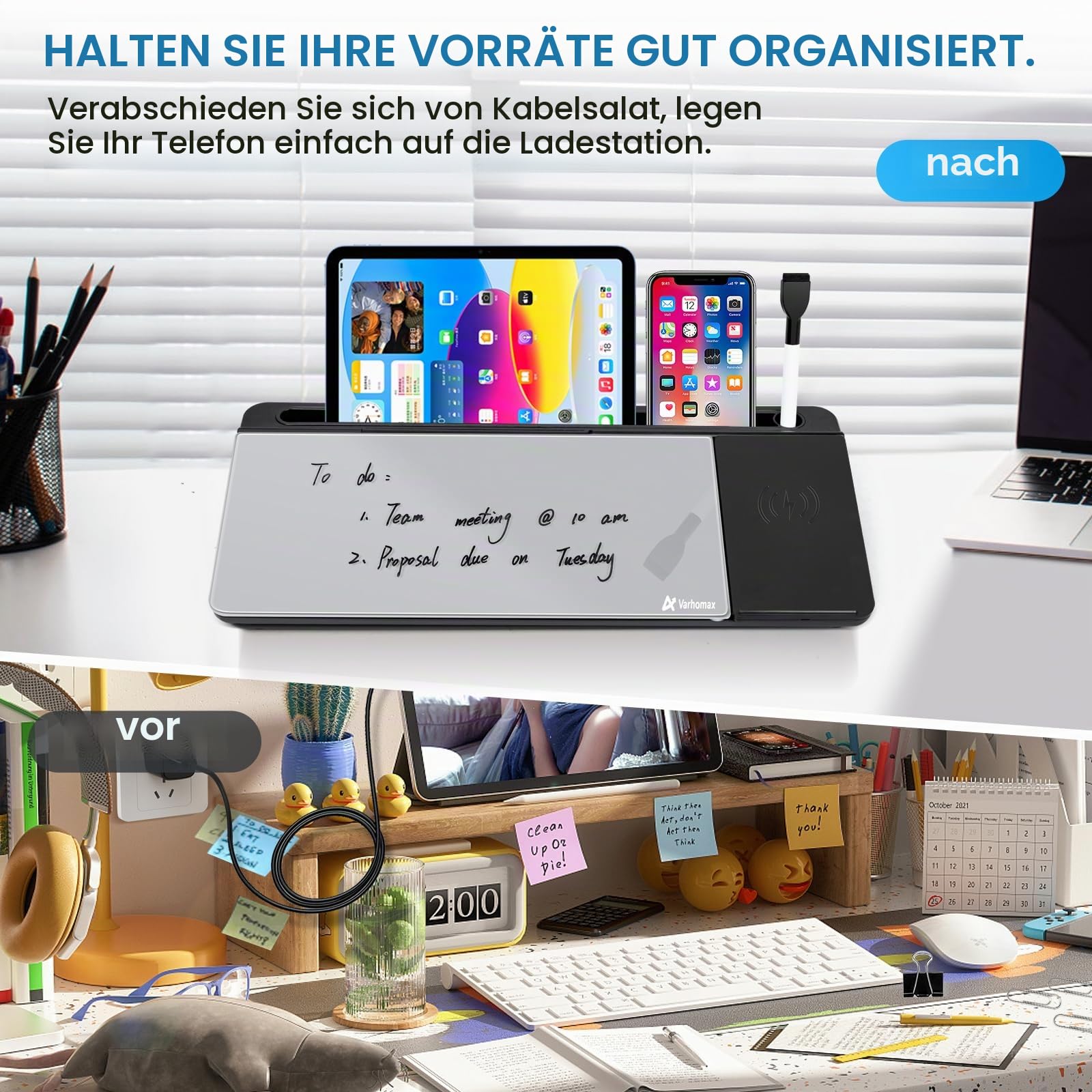 Varhomax Glas-Schreibtisch-Whiteboard mit kabellosem Ladegerät, trocken abwischbar, Aufbewahrung, Buddy To-Do-Liste, Notizblock für Zuhause und Büro