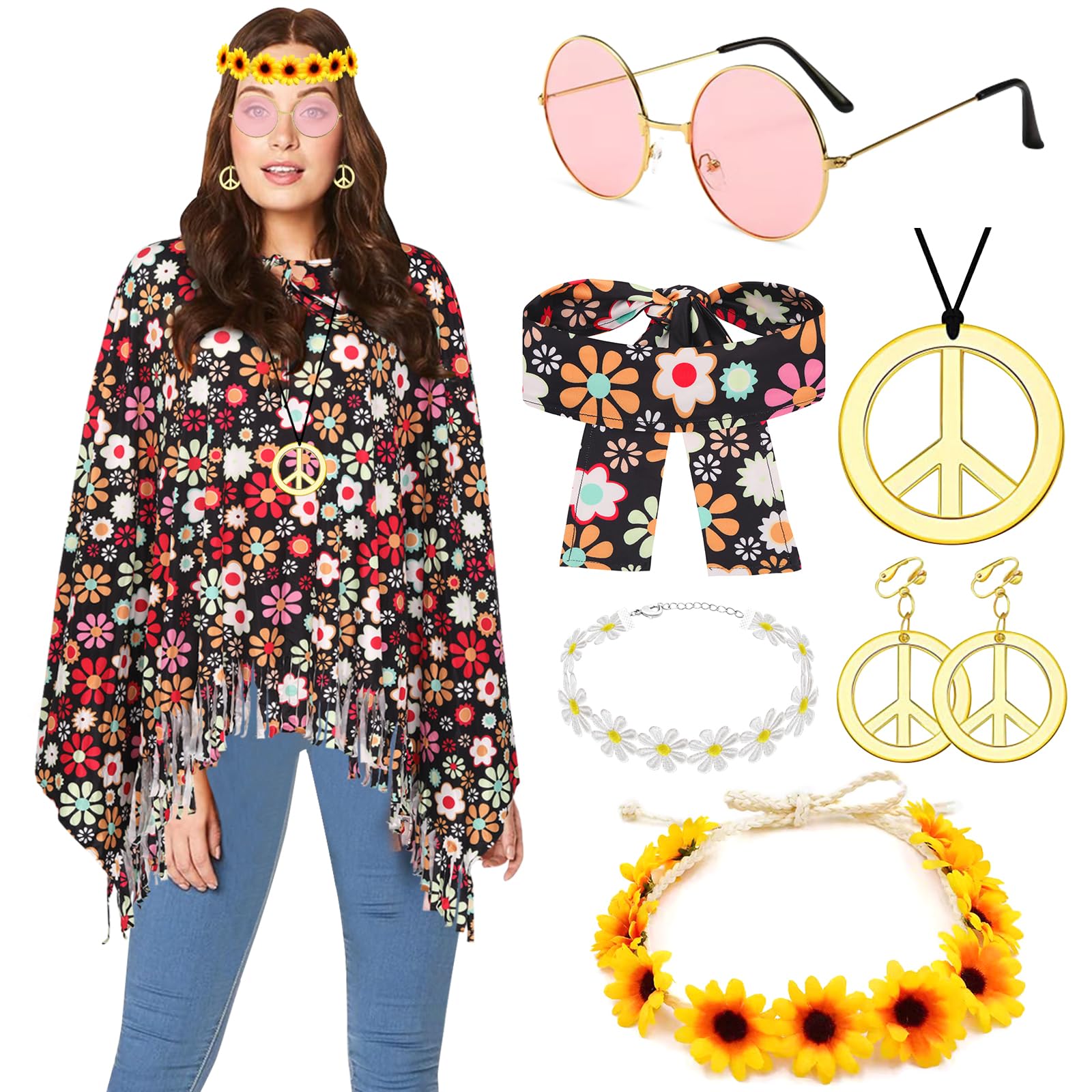 YADODO Hippie Costumes Women Hippie Wigs Teen Girls Boho 70s Costume 80s Accessories 60s Retro Festival Outfit - Sunglasses Peace Necklace Headband- Rock Retro Disco Fancy Dress (A)
