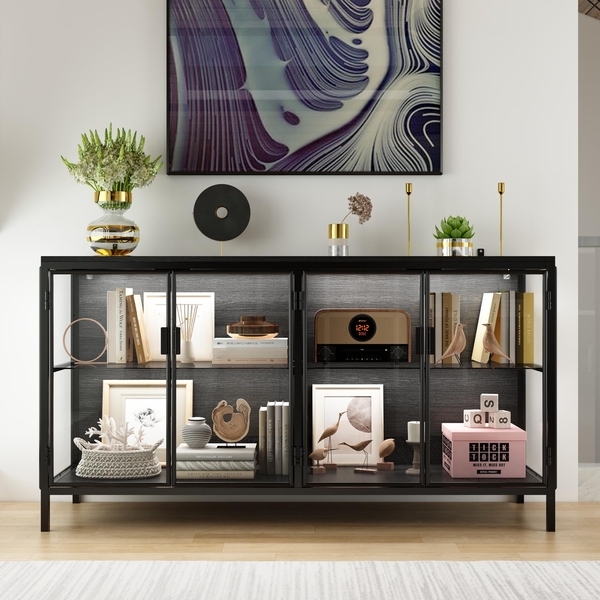 Vetrina credenza in vetro, credenza in vetro a 2 ante con telaio in ferro, vetrina in vetro con strisce luminose a 3 colori, 40 x 140 x 75 cm, nero