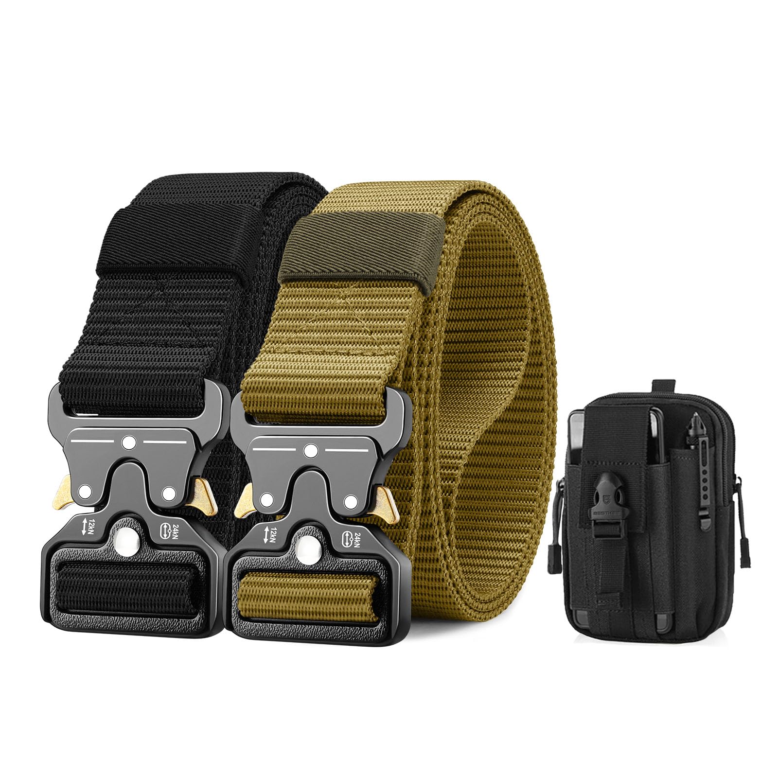BESTKEE 2er Herren Taktischer Gürtel 1,5-Zoll-Hochleistungsgürtel, Nylon Schnellverschluss-Metallschnalle, Geschenk mit taktischem Molle-Beutel
