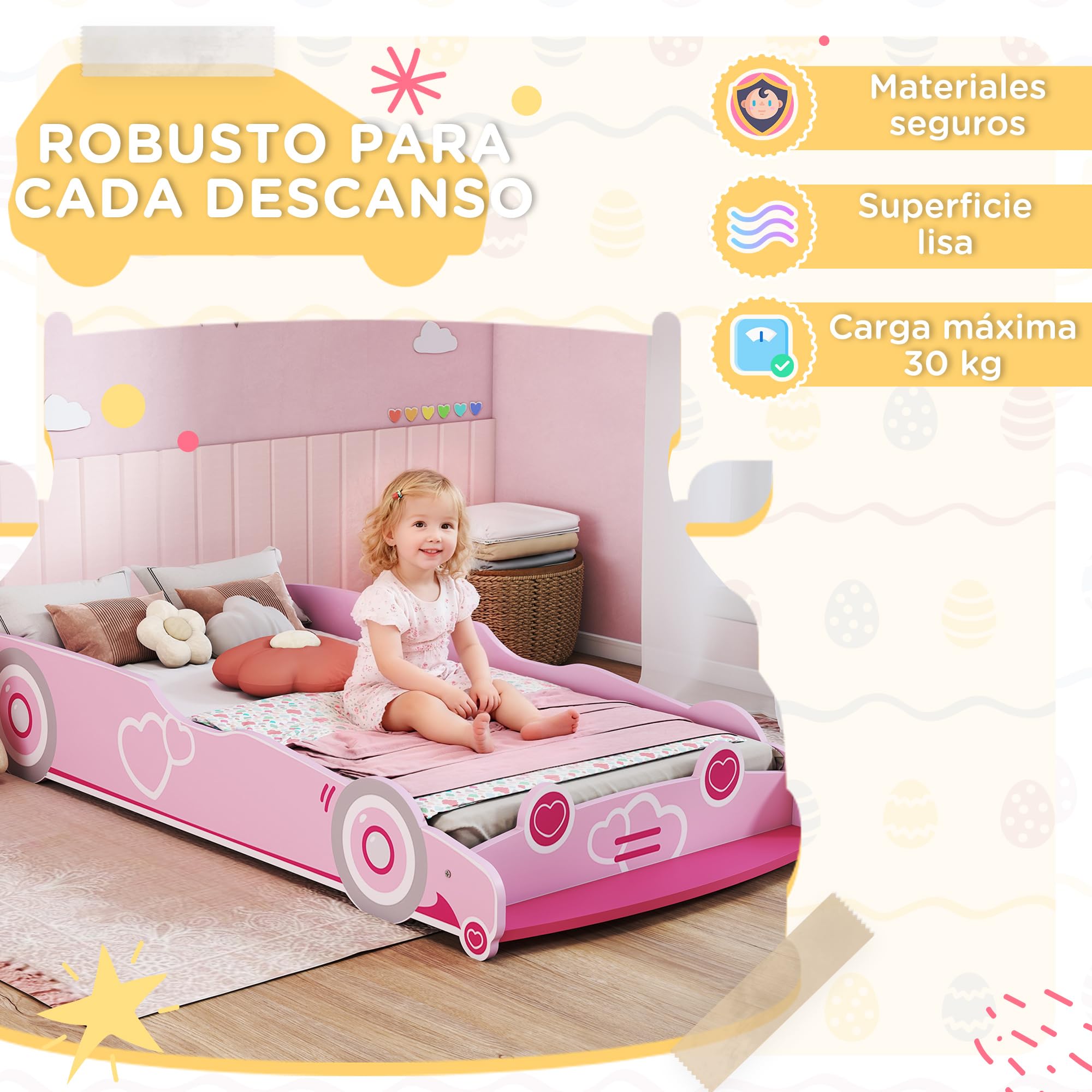 AIYAPLAY Cama Infantil 70x140 cm Forma de Coche con Somier y Barrera Rosa