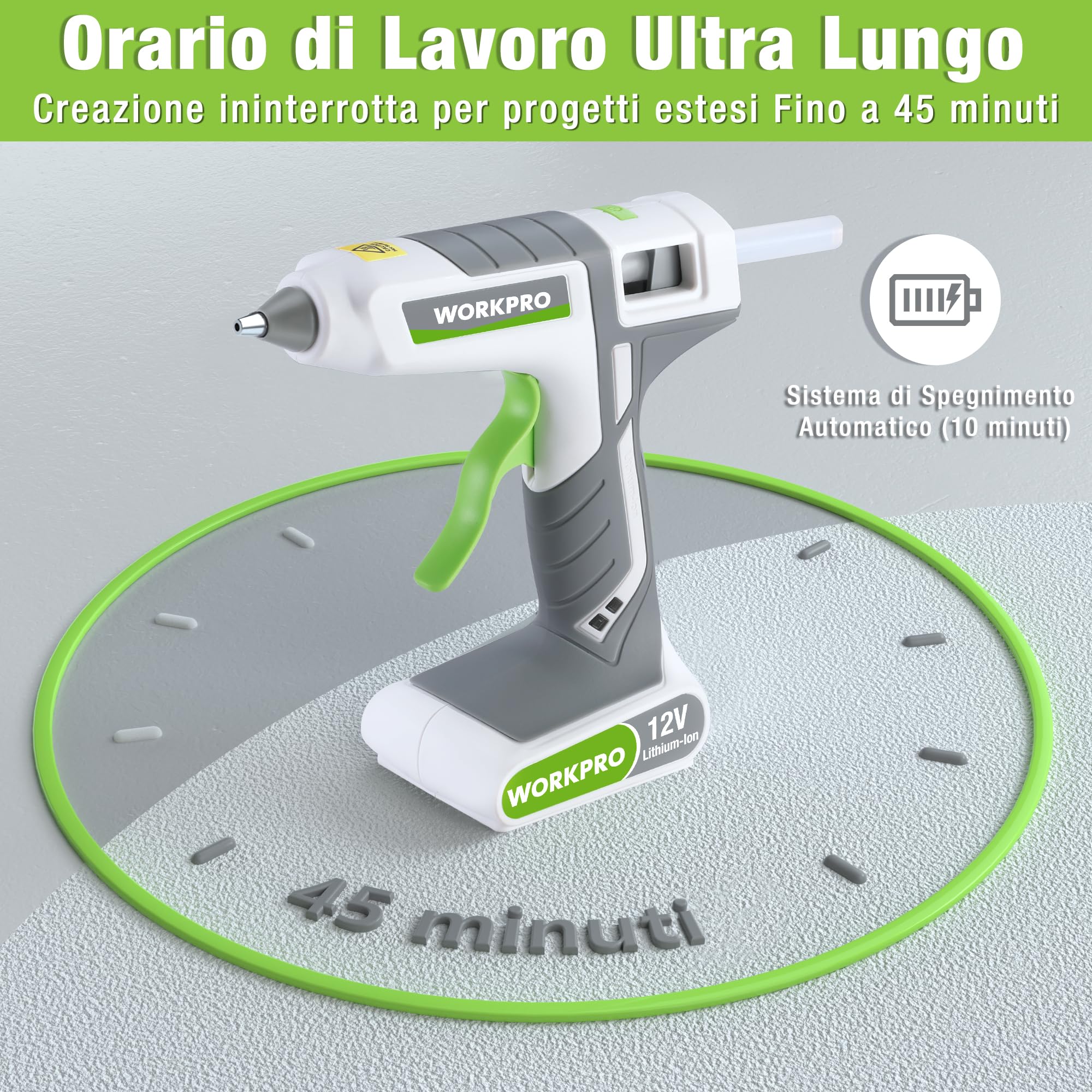 WORKPRO Pistola Colla a Caldo, Pistola per Colla a Caldo Senza Fili da 12 V, con 20 Stick di Colla (11 * 200 mm), Preriscaldamento Rapido, per Fai da Te