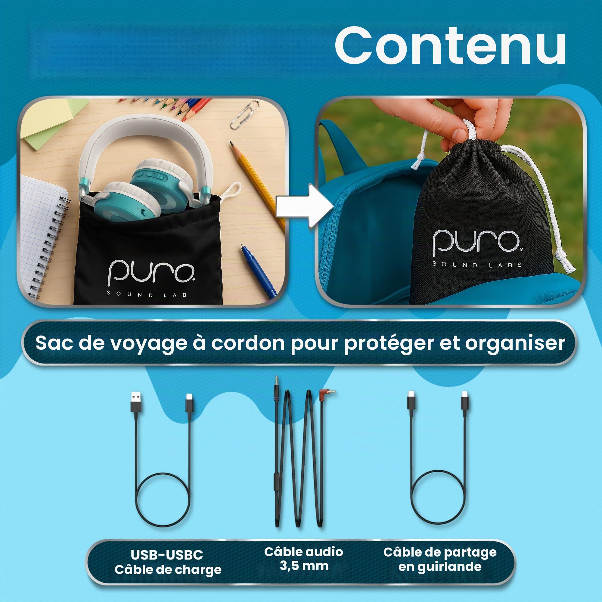Puro Sound Labs Casque JuniorJam Plus avec limitation de Volume pour Enfants, Limite de 85 DB, Casque Bluetooth réglable pour tablettes, Smartphones, Ordinateurs - 22 Heures d'autonomie