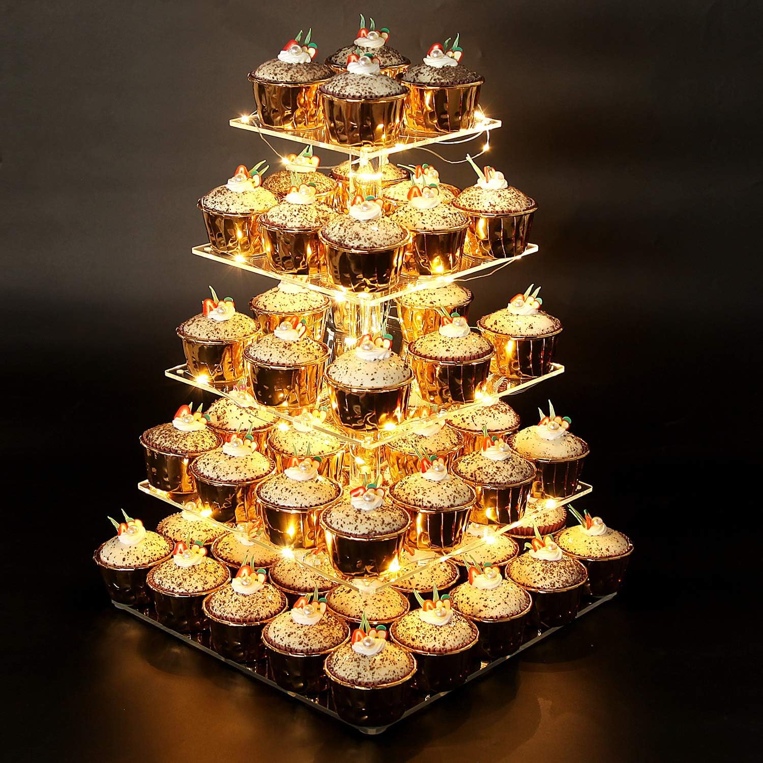 5 Etagen Cupcake Ständer, Gelb LED Lichterkette de Tortenständer Acryl für Hochzeit, Party, Geburtstag, Baby Duschen & Kuchen Dessert, Torten Etagere 5-stöckig, Quadrat Cupcake Stand