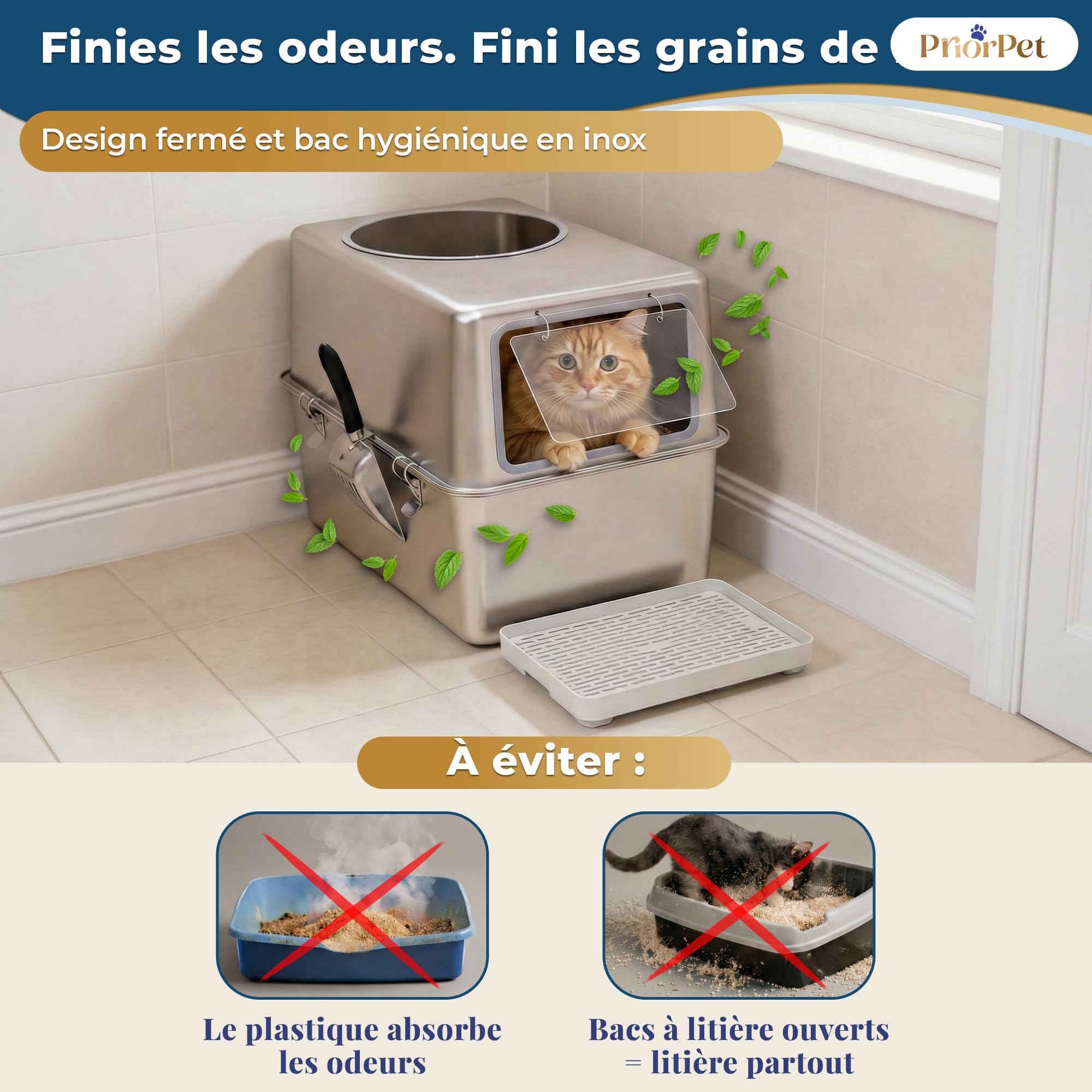 Litiere pour Chat INOX XXL – Bac litière pour Chat avec Porte Frontale & Entrée Supérieure – Grand Bac 60x41,5x40 cm – Facile à Nettoyer & Résistant aux Odeurs avec Marche Récupérateur