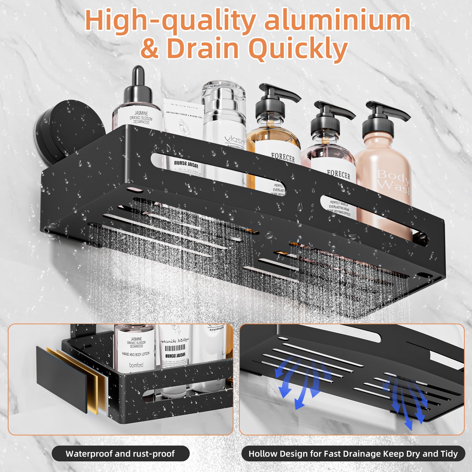 Wisfame Duschablage Saugnapf, Duschregal Ohne Bohren, 10kg Tragfähigkeit Duschregel Shampoo Halterung für badregal saugnapf, Abnehmbare und Rostfreie Aluminium Dusche Organizer, Schwarz-32cm