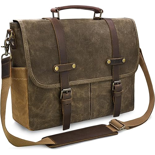 Mens Messenger Bag 15.6 Inch Waterproof Vintage Genuine Leather Waxed Canvas Briefcase Large Leather Computer Laptop Bag Rugged Satchel Shoulder Bag, Coffee