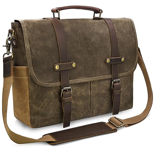 Mens Messenger Bag 15.6 Inch Waterproof Vintage Genuine Leather Waxed Canvas Briefcase Large Leather Computer Laptop Bag Rugged Satchel Shoulder Bag, Coffee