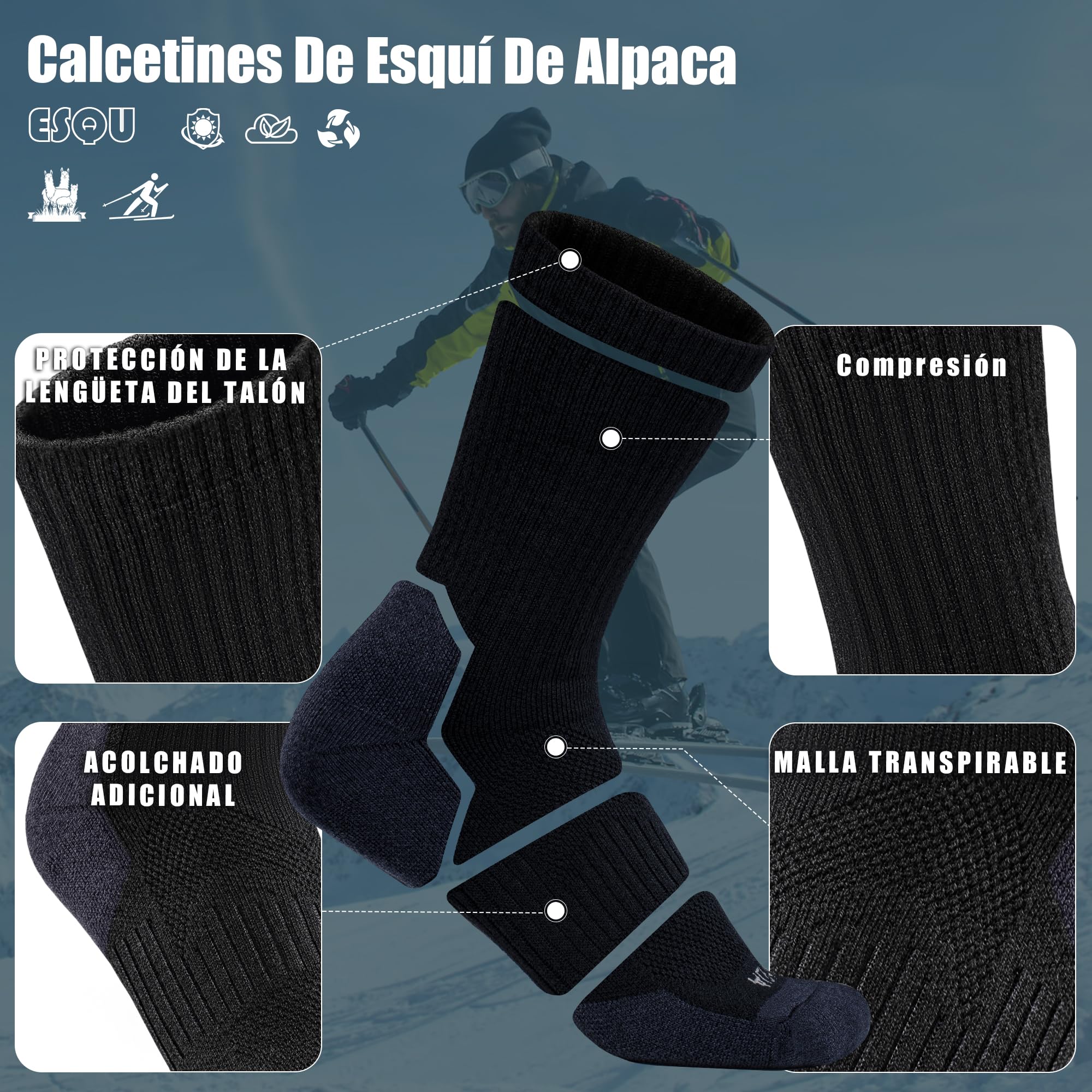 ineepor Calcetines Termicos de Alpaca Mujer Hombre Calcetines Compresion Invierno Transpirables para Deporte Running Senderismo Trail Esqui 35-51 2 Pares