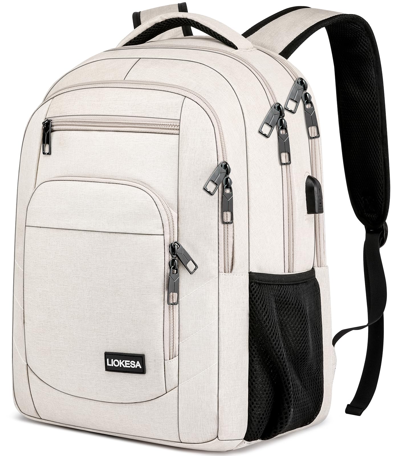 Liokesa Laptop Backpack For Men Women, School Backpacks For Boys Girls, Water Resistant Teal Backpack With USB Charging Port,15.6 Inch College Bookbag Daypack, Beige