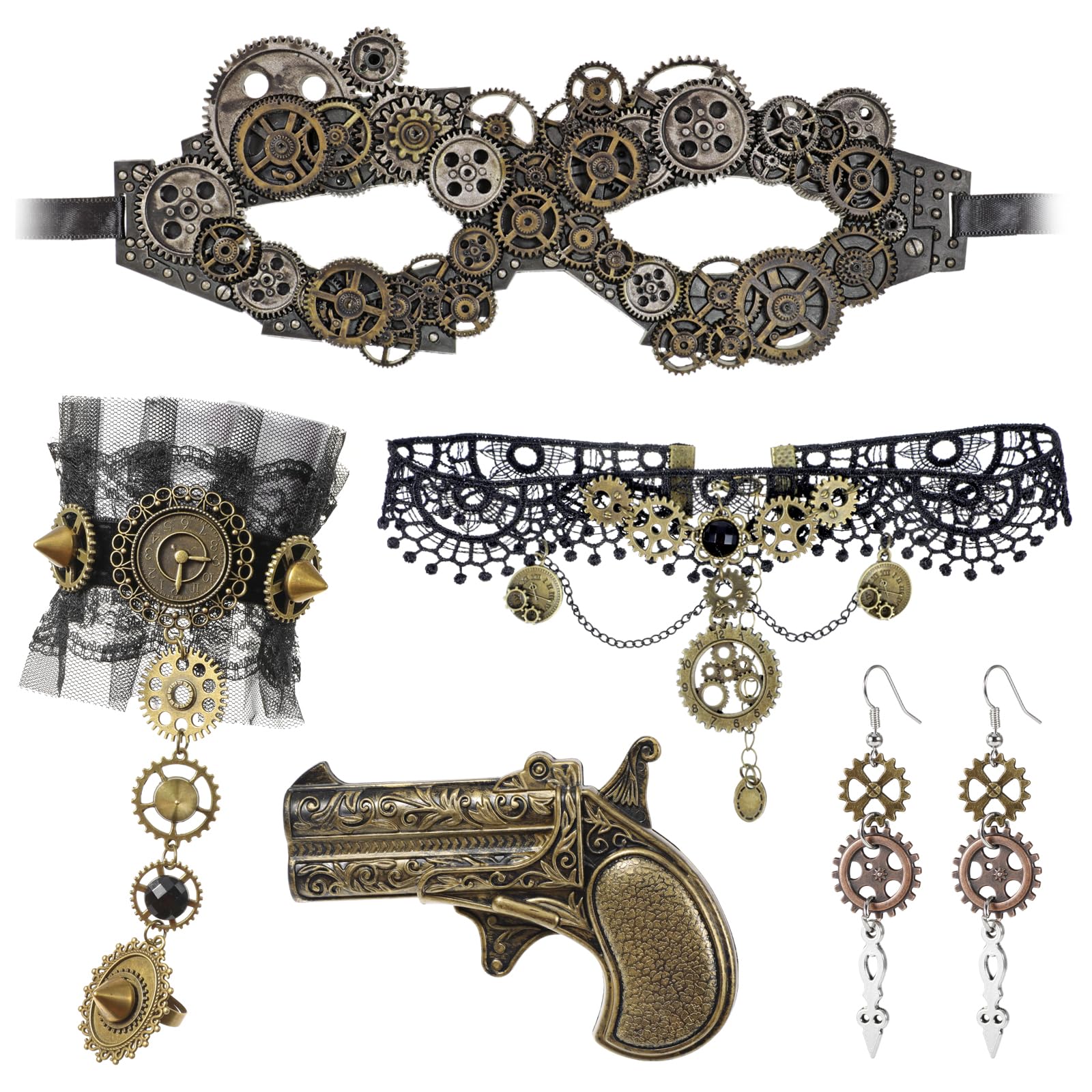 Set De 4 Accesorios Steampunk - Collar, Pajarita, Gafas Y Anillos, Ideal Para Fiestas Y Cosplay