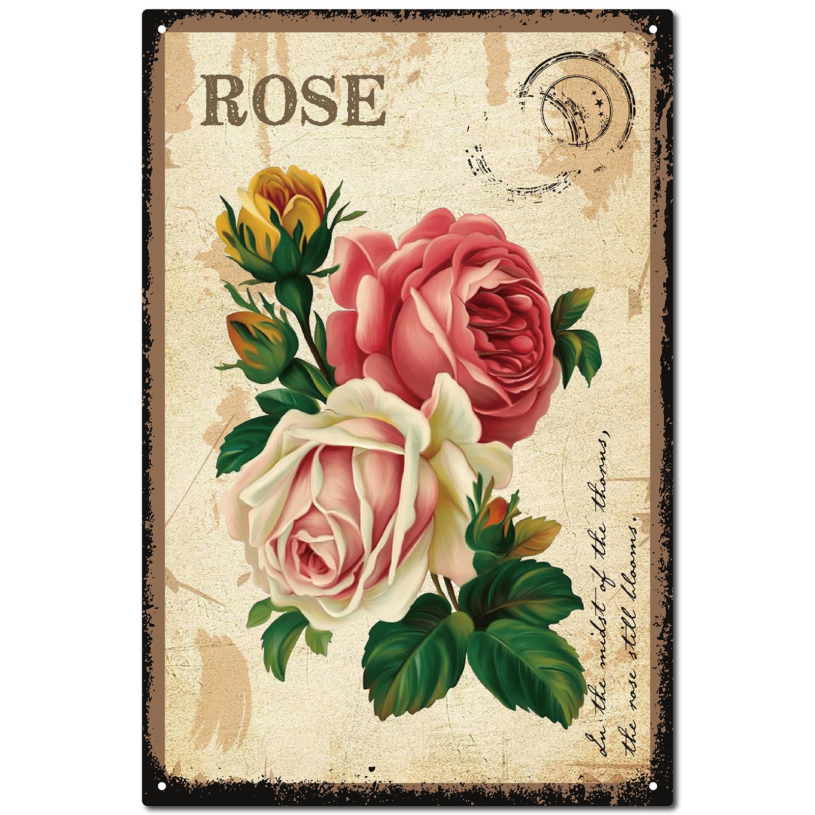 CREATCABIN Letrero Metal Vintage con Diseño Flores para Jardín,Placa Pintura Retro,Letrero Hierro para Decoración Pared,Mural Arte Rosa,Letrero Decorativo para Casa Campo,Cocina,Hogar,30x20 cm
