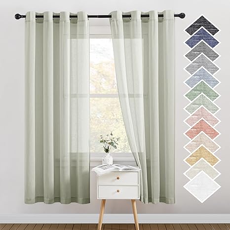 NICETOWN Flax Linen Sheer Curtains for Bedroom, Retro Grommet Top Linen Blend Semitransparent Privacy Window Treatment Light Filtering for Living Room, Sage Green, 52" W x 72" L, Set of 2