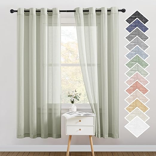 NICETOWN Flax Linen Sheer Curtains for Bedroom, Retro Grommet Top Linen Blend Semitransparent Privacy Window Treatment Light Filtering for Living Room, Sage Green, 52" W x 72" L, Set of 2