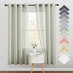 NICETOWN Flax Linen Sheer Curtains for Bedroom, Retro Grommet Top Linen Blend Semitransparent Privacy Window Treatment Light Filtering for Living Room, Sage Green, 52" W x 72" L, Set of 2