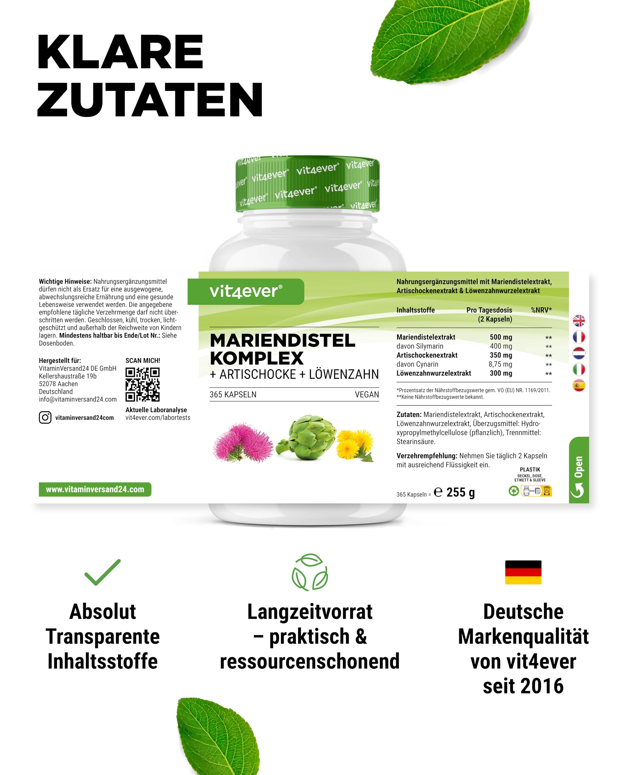 vit4ever Mariendistel Artischocke Löwenzahn Komplex - 365 Kapseln | 80% Silymarin, 2,5% Cynarin, laborgeprüft, vegan, hochdosiert