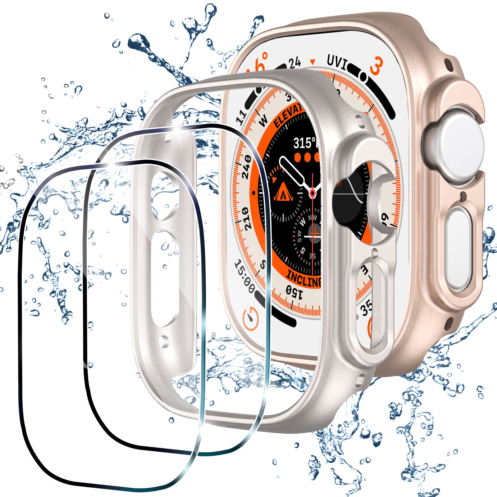 [2+2 Pack] Case Compatible for Apple Watch Ultra 2 Screen Protector, 2 Pack Hard PC Cover Bumper+2 Pack Tempered Glass Film Accessories, Waterproof