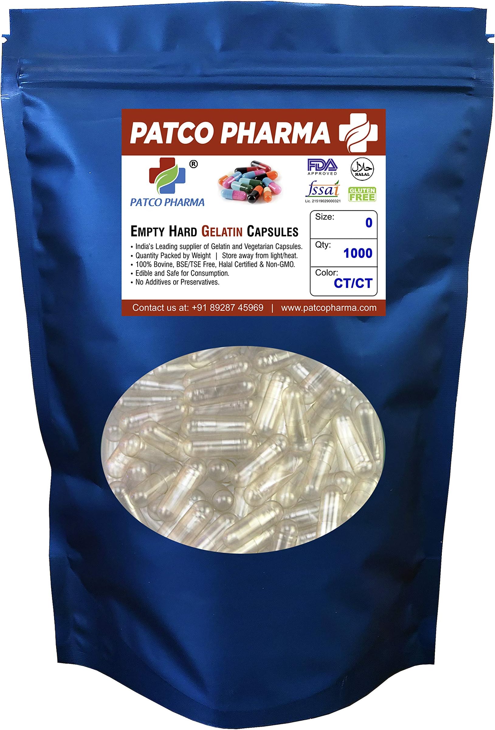 Patco Pharma- Size 0 Transparent Empty Gelatin Pill Capsule - Gluten Free Halal Certified for DIY Powder Filling (Pack of 1000)