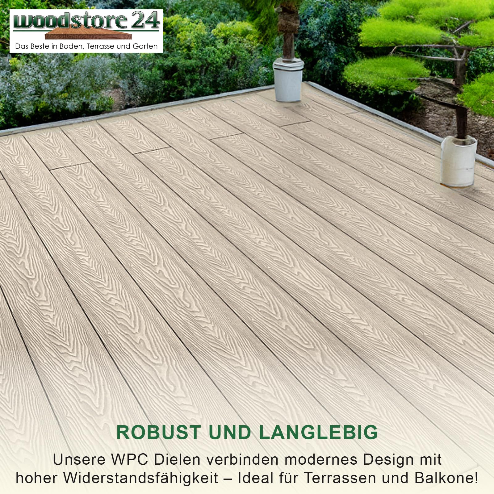 WoodoMykonos Komplettset 2,4 m - Grau - Terrassendiele - 5-Kammer System - Rutsch- & Wetterfest - Breite: 145 mm, Stärke: 25 mm - 5 m²