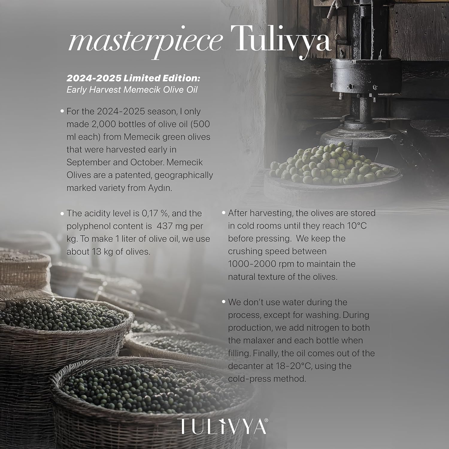 TULIVYA Early Harvest Extra Virgin Olive Oil — Award-Winning High Polyphenol EVOO 400+ mg/kg, Cold-Pressed Memecik Olives, Premium Aegean Turkish Olive Oil, 500ml Glass Bottle