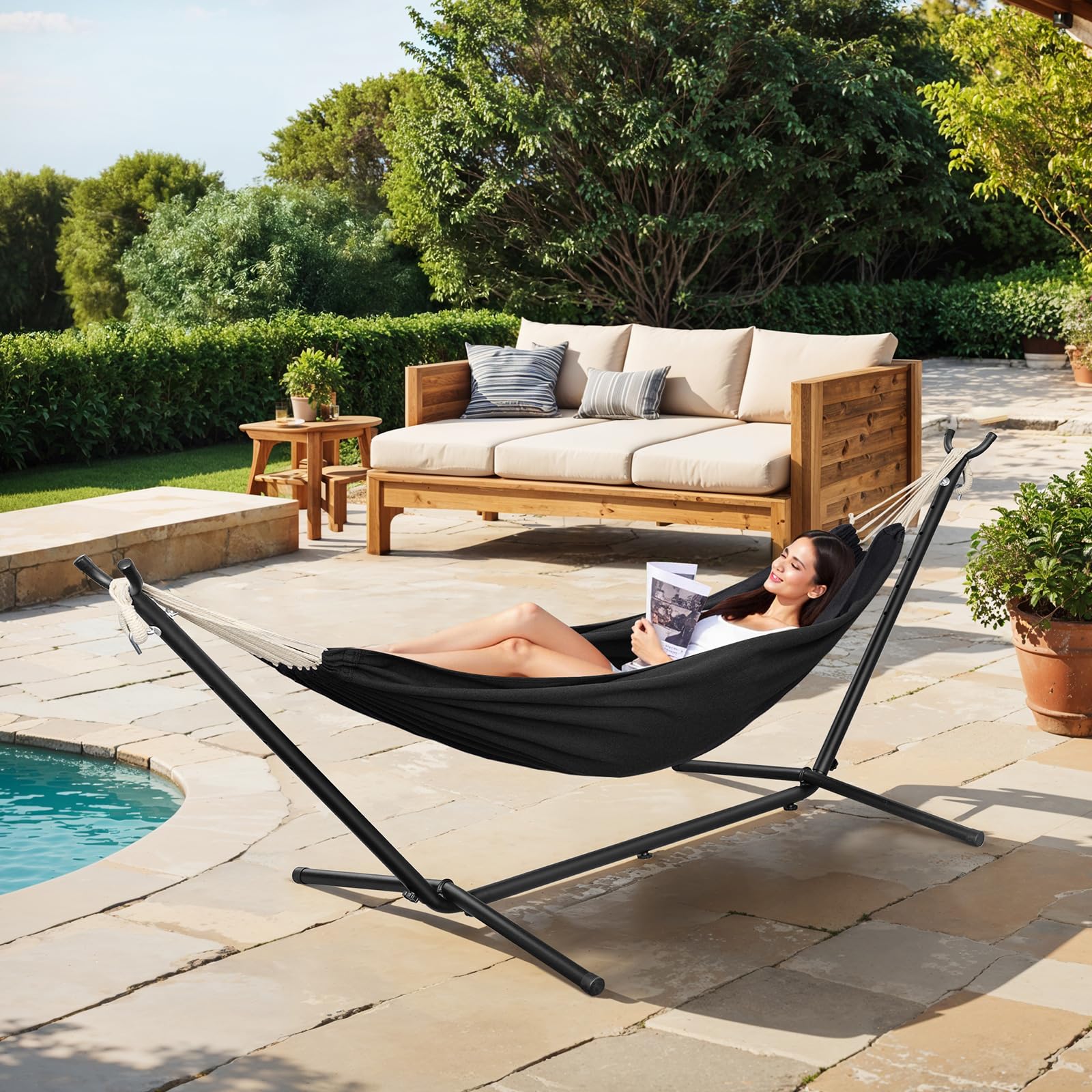 Laneetal Hängematte mit Gestell,Hängematte Indoor & Outdoor, Doppel für 2 Personen, 250 kg belastbar,mit Tragtasche, für Indoor Schwimmbad Terrasse Hof Garten Balkon (Dunkelgrau, 280 * 106 * 100cm)