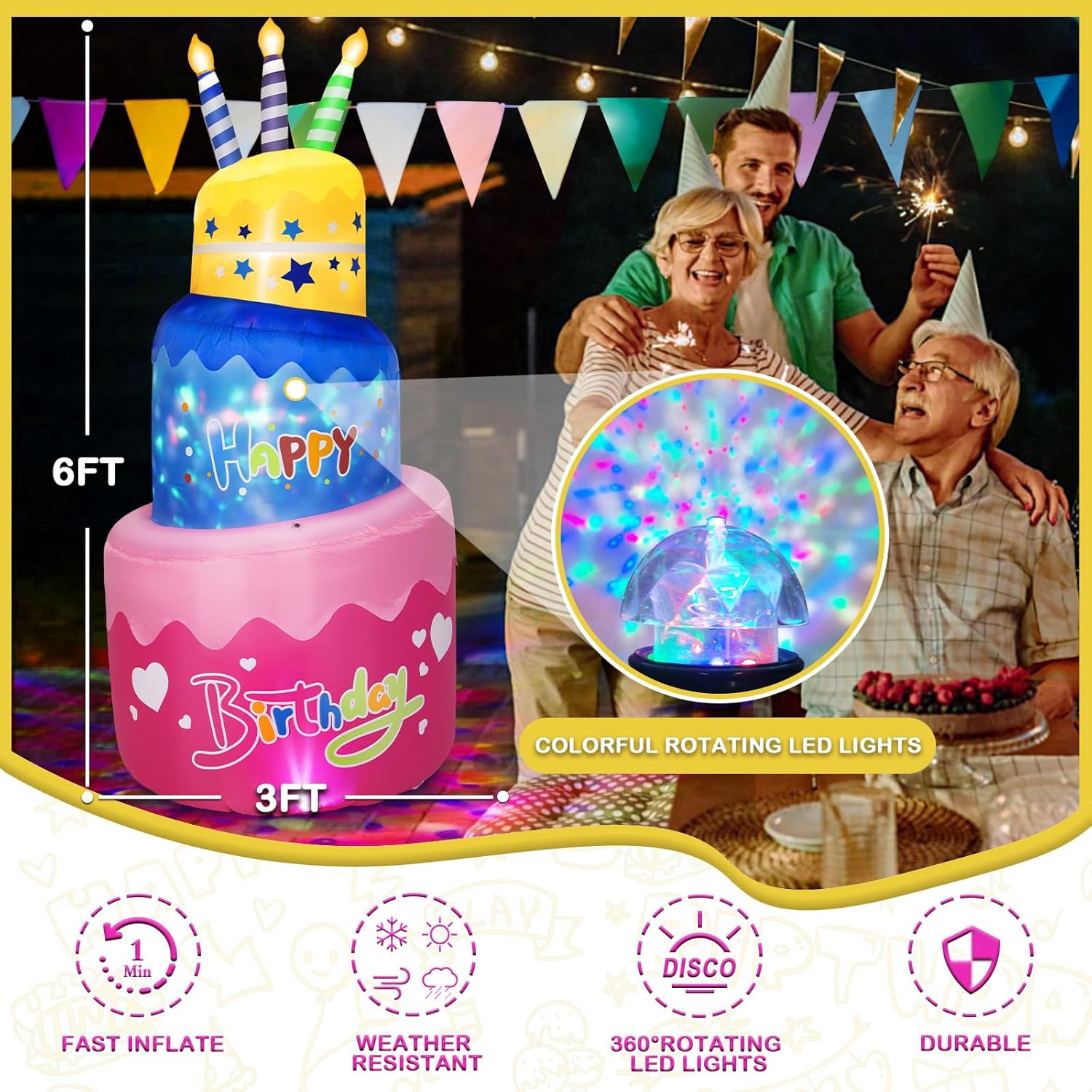 B&D 6FT Happy Birthday Inflatable Cake with Candles, Lighted Blow Up Birthday Decorations with Colorful Rotating LED Lights Inflatable Decor for Outdoor Indoor Party Home Celebration Yard Garden Lawn