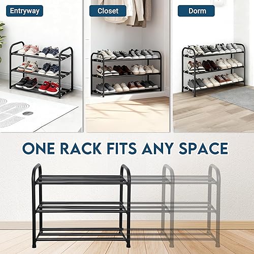 Miniatura 6 de LOFTEY Zapatero expandible de 3 niveles para armario, zapatero ajustable de 18 a 30.5 pulgadas de longitud, estante de zapatos de metal compacto