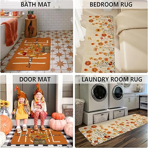 Miniatura 5 de Faptoena Juego de 2 alfombras de cocina de Acción de Gracias, diseño de girasoles y alfombras antideslizantes y lavables para decoración del hogar