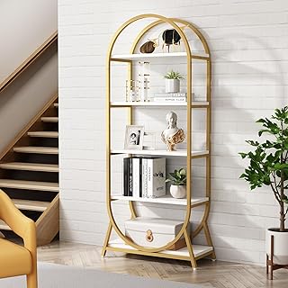 Tribesigns 5-Tier Open Bookshelf, 70.8'' Tall Arched Bookcase, Modern Storage Bookshelves, Freestanding Display Rack Shelving Unit for Office, Bedroom, Living Room (1PC), White and Gold (XK00322-1)