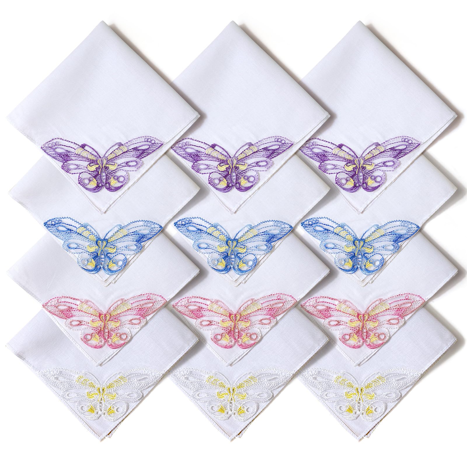Selected Hanky Women's 12 Pieces Set Cotton Handkerchiefs With Butterfly Lace At Corner, Hankies, One Size